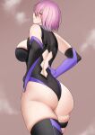  1girl ass asymmetrical_legwear back_cutout bare_shoulders black_leotard blush breasts closed_eyes clothing_cutout elbow_gloves fate/grand_order fate_(series) gloves gorio4288 hand_on_own_hip highres large_breasts leotard mash_kyrielight purple_hair short_hair skindentation solo steaming_body two-tone_gloves two-tone_leotard 