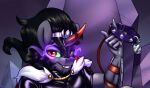  anthro black_hair collar collar_tag equid equine eye_mist fangs friendship_is_magic fur grey_body grey_fur hair hasbro horn jedayskayvoker king_sombra_(mlp) leash looking_at_viewer mammal my_little_pony pupils red_eyes slit_pupils smile spiked_collar spikes teeth umbrum unicorn 