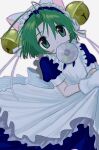  1girl animal_ears animal_hands animal_hat antenna_hair apron bell blue_dress cat_ears cat_hat dejiko di_gi_charat disc dress frilled_apron frills gloves green_eyes green_hair hair_bell hair_ornament hat highres holding_cd looking_at_viewer maid_apron mouth_hold paw_gloves pepeppepe101 puffy_short_sleeves puffy_sleeves short_hair short_sleeves white_apron 