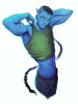  alien alien_humanoid animal_humanoid anthro black_hair blue_body clothing dog_tag_necklace felid felid_humanoid feline feline_humanoid green_clothing green_shirt green_topwear hair hi_res humanoid hybrid james_cameron&#039;s_avatar male mammal mammal_humanoid miles_quaritch military_uniform na&#039;vi orosciokkk queue_(hairstyle) recombinant_(avatar) shirt simple_background solo topwear uniform white_background yellow_eyes 