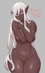  1girl agawa_ryou breasts covering covering_breasts cowboy_shot crotch dark-skinned_female dark_elf dark_skin dated elf english_commentary large_breasts long_hair looking_at_viewer navel nude original pointy_ears signature simple_background solo very_long_hair white_hair 
