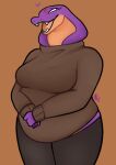  2023 anthro bottomwear chubby_anthro chubby_female clothed clothing cobra female hi_res keeshee lamarian ncs orange_background pants purple_body reptile scalie simple_background snake snake_hood solo 