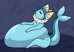  ambiguous_gender belly big_belly blue_body eeveelution eyes_closed feral generation_1_pokemon hand_on_stomach hi_res hyper hyper_belly navel nintendo open_mouth pokemon pokemon_(species) pompuffy_(artist) sitting solo tail vaporeon 