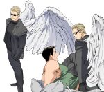  2boys albert_wesker angel_wings bara bed black_gloves black_hair black_jacket black_pants black_shirt blonde_hair chris_redfield gloves green_tank_top hands_in_pockets jacket large_pectorals looking_at_another lying male_focus multiple_boys muscular muscular_male on_back on_bed open_clothes open_jacket open_mouth pants pectorals pillow resident_evil resident_evil_5 shirt short_hair sitting sitting_on_person smile sunglasses tank_top tatsumi_(psmhbpiuczn) wings yaoi 