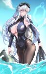  1girl absurdres azur_lane black_wetsuit breasts commentary_request diving_mask diving_suit enterprise_(azur_lane) enterprise_(diving_under_blue_skies)_(azur_lane) goggles goggles_on_head grey_hair highres large_breasts long_hair minuo_songshu open_clothes open_wetsuit partially_submerged purple_eyes swim_goggles torn_clothes 