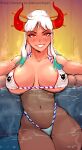  areola areola_slip big_breasts bikini breasts clothing female gav hair hi_res horn horned_humanoid humanoid looking_at_viewer micro_bikini navel one_piece partially_submerged smile solo swimwear thick_thighs white_hair wide_hips yamato_(one_piece) 