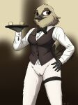  absurd_res anthro avian bird black_tie_(suit) bottomless bow_tie casual_exposure clothed clothing dress_shirt female fish_birb genitals hi_res leg_strap millie_(fish_birb) oscine passerine pussy shirt solo starling_(bird) suit topwear vest waiter waiter_suit waiter_tray 