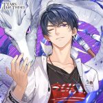  1boy :d black_shirt copyright_name dog_tags dragon english_commentary grin jacket long_sleeves looking_at_viewer male_focus marius_von_hagen_(tears_of_themis) official_art one_eye_closed purple_eyes purple_hair shirt short_hair smile solo tears_of_themis teeth upper_body white_jacket 
