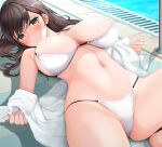  1girl bikini black_hair breasts fed_(giba) green_eyes groin large_breasts linea_alba looking_at_viewer lying mixed-language_commentary navel original pool poolside spread_legs stomach swimsuit thighs towel white_bikini 