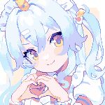  1girl ahiru_tokotoko blue_hair brown_eyes closed_mouth commentary heart heart_hands highres light_blue_hair looking_at_viewer original pixel_art signature smile solo symbol-only_commentary two_side_up upper_body yellow_background 