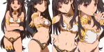  1girl :o aonori_misuji bare_shoulders bikini black_hair breasts cleavage collarbone commentary_request crossed_arms earrings fate/grand_order fate_(series) finger_gun gold_earrings gold_trim hands_on_own_hips highres ishtar_(fate) jewelry long_hair looking_at_viewer medium_breasts multiple_views navel neck_ring open_mouth red_eyes single_sleeve single_thighhigh smile swimsuit thighhighs 
