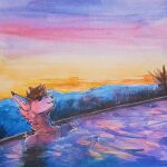  1:1 akatan_art anthro brown_body brown_fur brown_hair canid fur hair jewelry male mammal neck_tuft necklace nude outside painting_(artwork) partially_submerged relaxing short_hair smile solo sunset traditional_media_(artwork) tuft watercolor_(artwork) 
