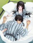  1boy 1girl artist_logo bed black_hair blush breasts chitanda_eru cleavage couple green_eyes hetero highres hyouka japanese_clothes kimono lap_pillow large_breasts long_hair lying mery_(yangmalgage) oreki_houtarou purple_eyes yukata 