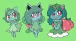  2020 anthro anthrofied black_inner_ear blue_body blue_hair breasts bulbasaur chibi cleavage clothed clothing digital_media_(artwork) dress elemental_creature evolutionary_family eyelashes fangs featureless_hands featureless_limbs female flora_fauna flower generation_1_pokemon green_background green_body green_clothing green_dress green_hair group hair ivysaur leaf leaf_on_head markings mouth_closed mythrica nintendo open_mouth pink_eyes pink_inner_ear plant pokemon pokemon_(species) pokemorph prick_ears red_eyes simple_background smile spots spotted_body spotted_markings teal_body teal_hair teeth trio venusaur 