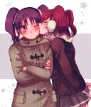  2girls blush closed_eyes coat cowboy_shot crossed_arms earmuffs hair_ribbon kazuno_leah kiss kissing_cheek kurosawa_ruby long_sleeves love_live! love_live!_sunshine!! mayugeneko multiple_girls one_eye_closed pleated_skirt purple_eyes purple_hair red_hair ribbon short_hair skirt star_(symbol) twintails two_side_up upper_body winter_clothes yuri 