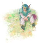  1boy bag belt blue_eyes blue_gemstone boots collarbone commentary_request dragon_quest dragon_quest_iv full_body gem grass green_hair green_tunic hair_between_eyes headpiece hero_(dq4) knees_up looking_to_the_side male_focus medium_hair pants shirt sitting solo white_pants white_shirt yuza 
