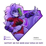  2023 ambris anthro breasts canid canine canis clothing crop_top devil_horns_(gesture) ear_piercing ear_ring eyebrows eyelashes female five_nights_at_freddy&#039;s five_nights_at_freddy&#039;s:_security_breach fur gesture green_highlights hair hand_on_hip hi_res highlights_(coloring) long_hair looking_at_viewer mammal midriff one_eye_closed piercing ring_piercing roxanne_wolf_(fnaf) scottgames shirt solo steel_wool_studios topwear wink wolf yellow_eyes 