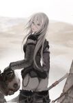  1girl a2_(nier:automata) alternate_costume ass closed_mouth commentary detached_sleeves eyelashes fur-trimmed_sleeves fur_trim grey_eyes grey_sleeves highres holding holding_head holding_sword holding_weapon long_hair looking_back nier:automata nier_(series) robot solo sword tricoliet weapon white_background white_hair 