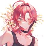  1boy ahoge almusshh bishounen black_tank_top choker flower genshin_impact green_eyes highres male_focus mole mole_under_eye one_eye_closed red_hair shikanoin_heizou short_hair simple_background sleeveless solo tank_top white_background 