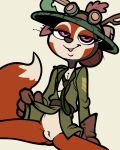  2023 anthro armor bedroom_eyes bottomless bottomless_anthro bottomless_female canid canine clothed clothing female fox genitals gloves green_clothing green_shirt green_topwear handwear headgear helmet hi_res itsunknownanon looking_at_viewer mammal military_uniform mouritzeen_(lenyavok) narrowed_eyes portrait presenting presenting_pussy pussy seductive shirt solo spread_legs spreading three-quarter_portrait topwear uniform 