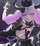  1girl ? black_dress black_gloves black_horns black_nails braid breasts cleavage crown dress fingerless_gloves gloves grin hair_ornament heart heart_hands highres horns large_breasts long_hair looking_at_viewer master_detective_archives:_rain_code multicolored_hair nail_polish pink_eyes pink_hair shinigami_(rain_code) smile solo teeth two-tone_hair upper_body yu_(ba9ama) 