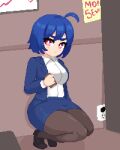  1girl blue_hair blue_jacket blue_skirt blush breasts holding jacket long_sleeves looking_at_viewer minimilieu office office_lady open_clothes open_jacket original pantyhose pink_eyes pixel_art shirt short_hair skirt skirt_suit skye_(hcnone) smile solo squatting suit white_shirt 