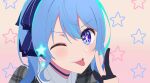  1girl ;p blue_choker blue_eyes blue_hair blush choker close-up derivative_work gloves hand_up highres hololive hoshimachi_suisei one_eye_closed oshi_no_ko partially_fingerless_gloves plaid screencap_redraw solo star-shaped_pupils star_(symbol) star_in_eye starry_background symbol-shaped_pupils symbol_in_eye teeth tongue tongue_out upper_body v-shaped_eyebrows virtual_youtuber w yo_u_na_no 