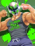  1boy absurdres bara black_sclera black_tank_top blue_pants clenched_hands collarbone colored_sclera cowboy_shot dark-skinned_male dark_skin flexing green_background green_eyes helmet highres looking_at_viewer male_focus milestone_celebration muscular muscular_male nura original paint_splatter pants pectorals pixel_eyes robot_ears shadow sidepec simple_background solo sparkle sweatpants tank_top translation_request upper_body 