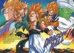  1990s_(style) 5boys abs aqua_eyes boots character_name colored_skin copyright_name dougi dragon_ball dragon_ball_z earrings gotenks green_skin grin highres jewelry long_sleeves looking_at_viewer male_focus metamoran_vest multiple_boys muscular namekian non-web_source official_art outstretched_arms piccolo pointy_ears profile retro_artstyle saiyan scan serious sleeveless sleeveless_jacket smile son_gohan son_goten spiked_hair super_saiyan super_saiyan_1 trunks_(dragon_ball) turban wristband 