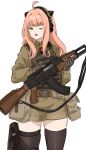  aged_up anya_(spy_x_family) assault_rifle belt_pouch bulletproof_vest gloves green_eyes gun hairpods headphones kalashnikov_rifle long_hair military_operator mutugorou_u one_eye_closed pink_hair pouch rifle shorts spy_x_family tactical_clothes thighhighs weapon weapon_request 