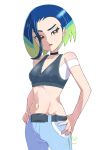  1girl absurdres bare_shoulders black_choker black_vest blue_hair bob_cut breasts brown_eyes choker collarbone crop_top denim hand_on_own_hip highres jeans loose_hair_strand medium_breasts midriff navel off-shoulder_shirt off_shoulder pants perrin_(pokemon) pokemon pokemon_(game) pokemon_sv raised_eyebrow sheyona shirt short_sleeves solo vest white_shirt 