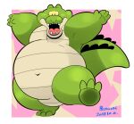  2023 3_toes 4_fingers absurd_res alligator alligatorid anthro belly big_belly blush crocodilian feet fingers green_body hi_res kemono m2vcjtad5hsdvla navel overweight reptile scalie simple_background smile solo toes 