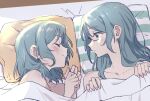  2girls akni bang_dream! bed_sheet closed_eyes green_eyes incest light_rays long_hair looking_at_another medium_hair multiple_girls naked_sheet pillow siblings sisters smile twincest twins yuri 