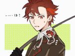  1boy black_gloves diamant_(fire_emblem) fire_emblem fire_emblem_engage fishing_rod gloves highres holding holding_fishing_rod jacket male_focus official_alternate_costume red_eyes red_hair shirt short_hair solo white_shirt yoi0763 
