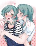  2girls absurdres against_wall ahegao aqua_hair bang_dream! belt blue_overalls blue_sky blush bow braid casual commentary_request dress extreme_yuri_buta green_eyes hair_bow hair_ornament hand_on_another&#039;s_face heart heart_in_eye highres hikawa_hina hikawa_sayo holding_hands hug incest interlocked_fingers kissing_ear long_hair looking_at_another medium_hair multiple_girls multiple_hair_bows open_mouth overalls partial_commentary polka_dot polka_dot_background saliva saliva_trail shirt short_sleeves siblings sky striped striped_shirt symbol_in_eye translation_request twincest twins upper_body white_dress yuri 
