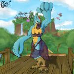  absurd_res anthro avian big_hands breath_of_the_wild casual_exposure clothing detailed_background english_text flying forest genitals half-erect hi_res kass_(tloz) lingerie male muscular nintendo penis plant public public_nudity pyne_(artist) raised_arm rito smoke solo text the_legend_of_zelda translucent translucent_clothing tree waterfall 