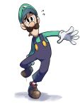  1boy blue_overalls boots brown_footwear brown_hair full_body gloves green_headwear green_shirt hat highres luigi male_focus mario_&amp;_luigi_rpg mario_&amp;_luigi_rpg_(style) mario_(series) overalls shadow shirt short_hair simple_background socks solo striped striped_socks white_background white_gloves ya_mari_6363 