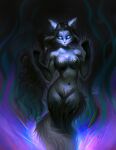  anthro big_breasts black_body black_fur black_hair blue_eyes breasts cat_tail detailed_background digital_drawing_(artwork) digital_media_(artwork) domestic_cat felid feline felis female fire fluffy fluffy_tail front_view fur furry_tail glistening glossy_body glossy_hair hair hi_res kaneda_chan long_hair mammal navel nude pinup portrait pose shadow solo tail thick_body white_body 