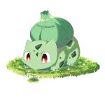  bright_pupils bulbasaur claws kawaiyutaro no_humans nostrils on_grass pokemon pokemon_(creature) red_eyes simple_background solo sprout white_background white_pupils 