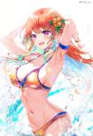 1girl absurdres armpits blush breasts earrings feather_earrings feathers gradient_hair green_hair highres hololive hololive_english jewelry long_hair multicolored_hair navel open_mouth orange_hair pink_hair purple_eyes smile solo sowon swimsuit takanashi_kiara virtual_youtuber water wet 