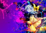  1girl ascot black_headwear blue_eyes bow flower gas_mask glitch gradient_background green_hair komeiji_koishi looking_at_viewer mask mirimo paint_splatter purple_background short_hair solo touhou yellow_ascot yellow_bow 