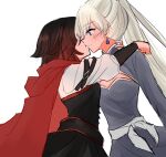  2girls black_dress black_hair blue_eyes cape cleavage_cutout clothing_cutout dress earrings gradient_hair hand_on_another&#039;s_neck hand_on_another&#039;s_shoulder highres imminent_kiss jewelry long_hair multicolored_hair multiple_girls ponytail purple_dress red_cape red_hair ruby_rose rwby sash scar scar_across_eye short_hair tuemei weiss_schnee white_background white_hair yuri 