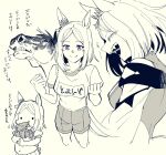  1girl big_belly blush_stickers carrot clenched_hands clenched_teeth closed_eyes collarbone commentary creature_and_personification ear_covers ear_ornament fangs food glaring gym_shirt gym_shorts highres holding holding_food horse horse_tail monochrome motion_lines multiple_views name_tag narita_top_road_(racehorse) narita_top_road_(umamusume) open_mouth parted_bangs puffy_short_sleeves puffy_sleeves purple_eyes real_life sanpaku school_uniform shirt short_hair short_sleeves shorts single_ear_cover solid_circle_eyes spot_color summer_uniform tail takatsuki_nato teeth tracen_school_uniform translation_request two-tone_eyes umamusume wide_face x_navel yellow_eyes yellow_theme 