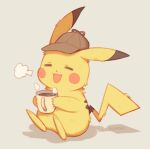  :d =3 brown_headwear closed_eyes clothed_pokemon coffee commentary_request cup detective_pikachu detective_pikachu_(character) grey_background hat holding holding_cup mug open_mouth pikachu pokemon sitting smile wusagi2 