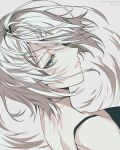  1girl artist_name bare_shoulders blue_eyes closed_mouth commentary floating_hair grey_background lips looking_at_viewer nier:automata nier_(series) pink_lips rio_(rio773) short_hair simple_background sleeveless solo twitter_username upper_body white_hair yorha_type_a_no._2 