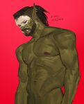  1boy abs arms_at_sides baldur&#039;s_gate baldur&#039;s_gate_3 bara beard character_request colored_skin dungeons_and_dragons facial_hair green_skin highres large_ears looking_ahead male_focus mask mature_male monster_boy navel nipples nose_piercing nose_ring nude orc piercing pointy_ears seansketches short_hair skull_mask solo stomach thick_eyebrows toned toned_male tusks upper_body 