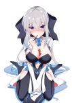 absurdres between_legs black_bodysuit black_ribbon blue_eyes blue_ribbon blue_trim blush bodysuit boots breasts cleavage fate/grand_order fate_(series) food_in_mouth grey_hair hair_between_eyes hand_between_legs high_heel_boots high_heels highres ice_choco_maker large_breasts long_hair looking_at_viewer morgan_le_fay_(fate) navel nose_blush own_hands_together pocky_day pocky_in_mouth ribbon seiza sitting very_long_hair white_sleeves 