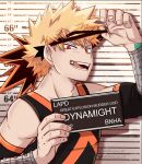  1boy artist_name athena_av bakugou_katsuki barbie_mugshot_(meme) blonde_hair boku_no_hero_academia detached_sleeves english_commentary height_chart highres looking_at_viewer male_focus meme mugshot multicolored_hair red_eyes solo spiked_hair split-color_hair superhero teeth tongue tongue_out 