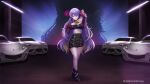  1girl arm_up armpits blonde_hair breasts car claws colored_inner_hair cosplay evelynn_(league_of_legends) evelynn_(league_of_legends)_(cosplay) full_body highres hololive hololive_indonesia indoors k/da_(league_of_legends) k/da_evelynn large_breasts long_hair looking_at_viewer moona_hoshinova motor_vehicle multicolored_hair purple_eyes purple_hair re_(re_09) shoes skirt solo standing two-tone_hair virtual_youtuber 