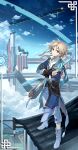  1boy ahoge androgynous armor blonde_hair boots chinese_clothes cloud crossed_arms earrings floating_city full_body highres holding holding_sword holding_weapon honkai:_star_rail honkai_(series) japanese_armor jewelry kinoshita_neko kote looking_at_viewer male_focus pants sky smile star_(sky) stud_earrings sword weapon white_footwear white_pants yanqing_(honkai:_star_rail) yellow_eyes 